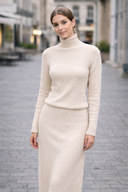 Woman modeling 2 Piece Sweater Skirt Set with long sleeves and A-line silhouette, perfect for adding sophistication to any outfit.