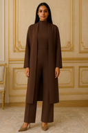 Woman wearing a brown long cardigan over matching sweater and pants standing in an elegantly decorated room.