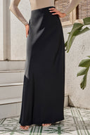Elegant long black satin maxi skirt