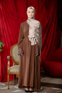 Elegant brown Coffee Lace Sleeve Front Zipper Abaya Dress