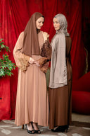 Two women in modest hijabs wearing Coffee Lace Sleeve Abaya Dress