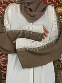 Cream Two-Tone Beaded Sleeves Open Front Abaya