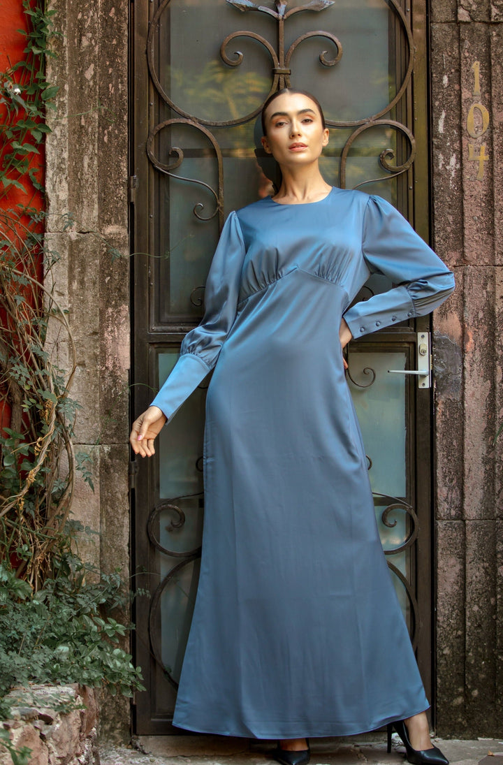 Light Blue Satin Long Sleeve Maxi Dress – Urban Modesty