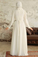 White Rhinestone Belted Chiffon Long Sleeve Gown