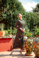 Black ruched floral long sleeve maxi dress on clearance