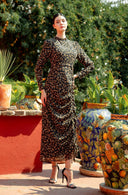 Black ruched floral long sleeve maxi dress clearance