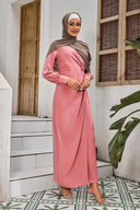 Woman in pink hijab wearing Coral Wrap Maxi Dress on clearance
