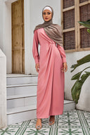 Woman in pink hijab wearing Coral Wrap Maxi Dress on clearance