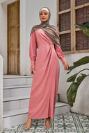 Pink Coral Wrap Maxi Dress with Brown Hijab on Clearance