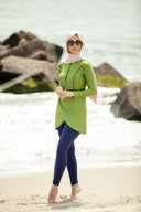 Lime Green 3-Piece Modest Swimsuit on a Beach