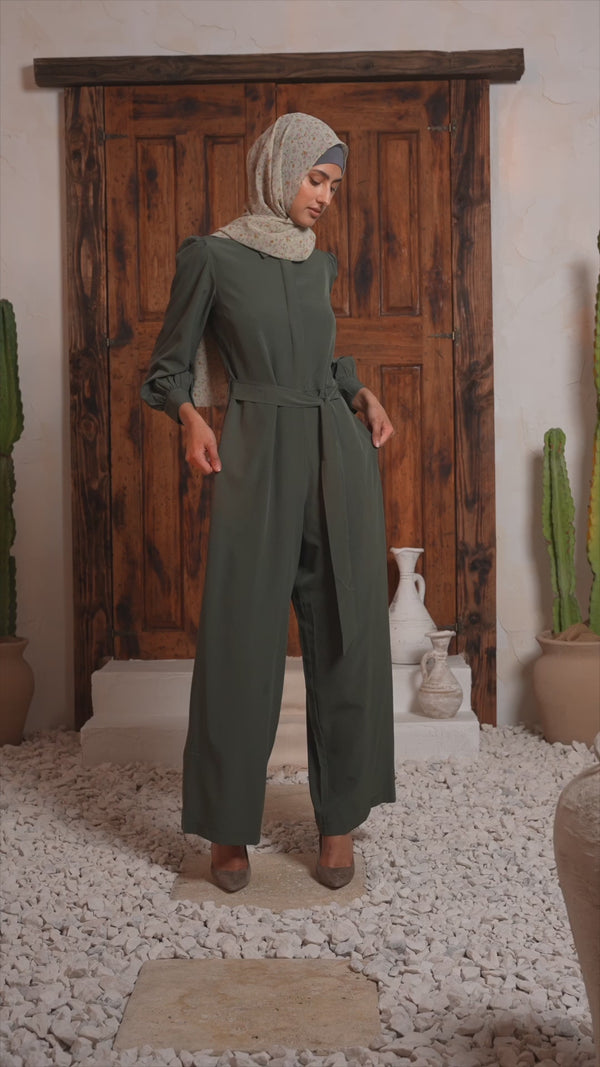 Urban Modesty - Olive Lattice Long Sleeve Jumpsuit